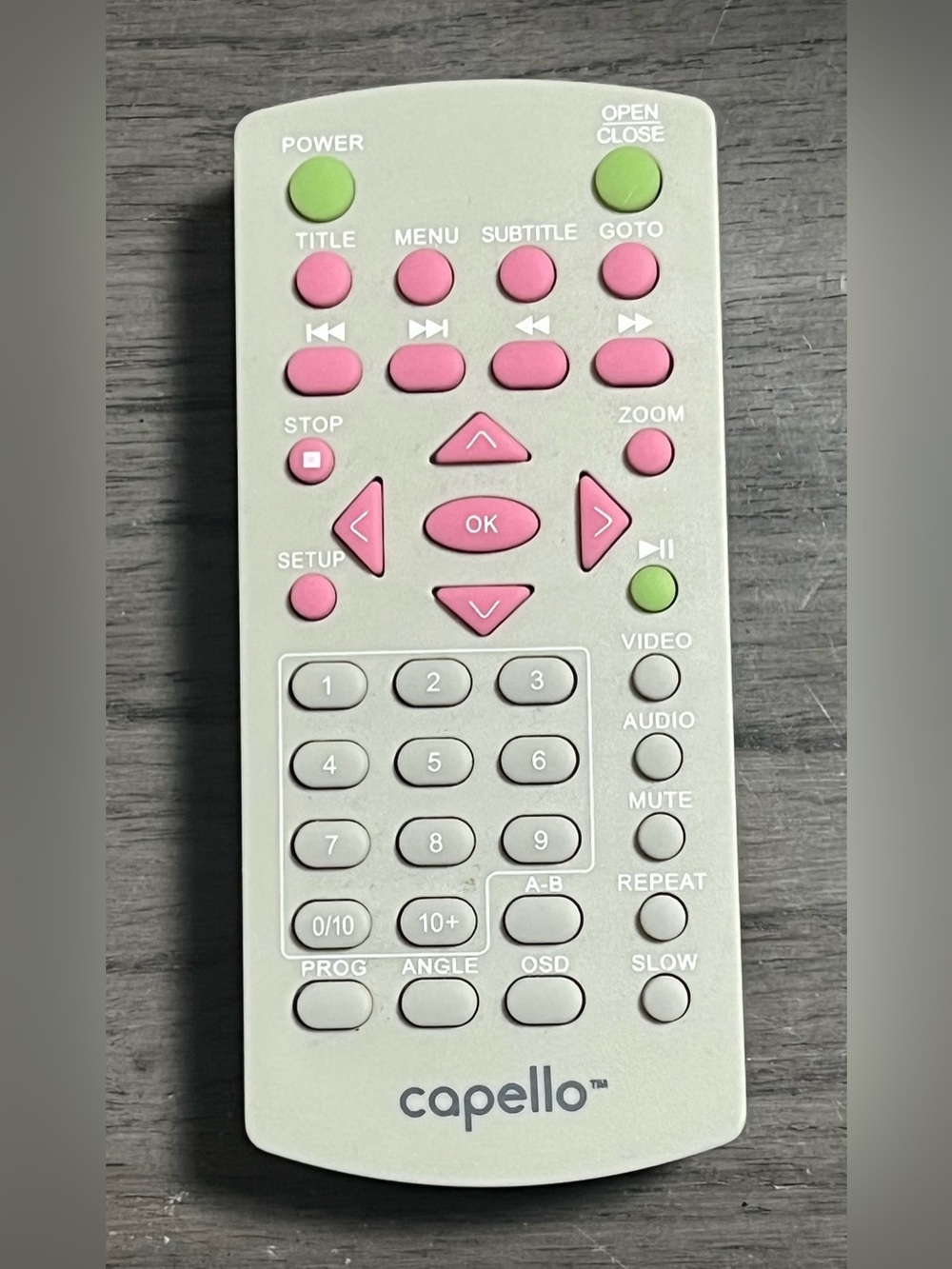 Capello DVD Player Remote Control Only Grey & Pink Buttons OEM Replacement